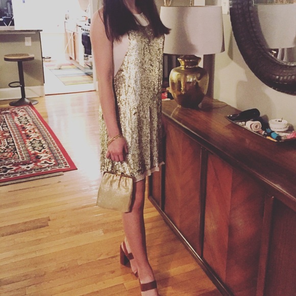 GRYPHON Sz S gold sequin dress over sheer bodice - Picture 3 of 5